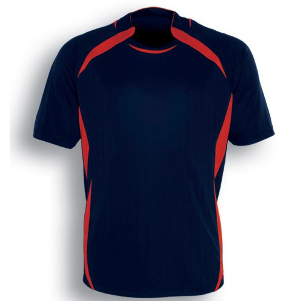 Navy sports jersey with red contrast panels on sides and shoulders for kids
