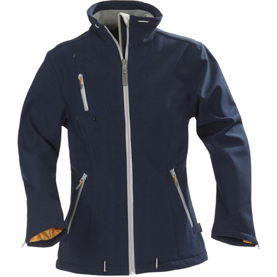 Navy softshell jacket with grey contrast zippers, hood, and chest pocket featuring orange inner lining