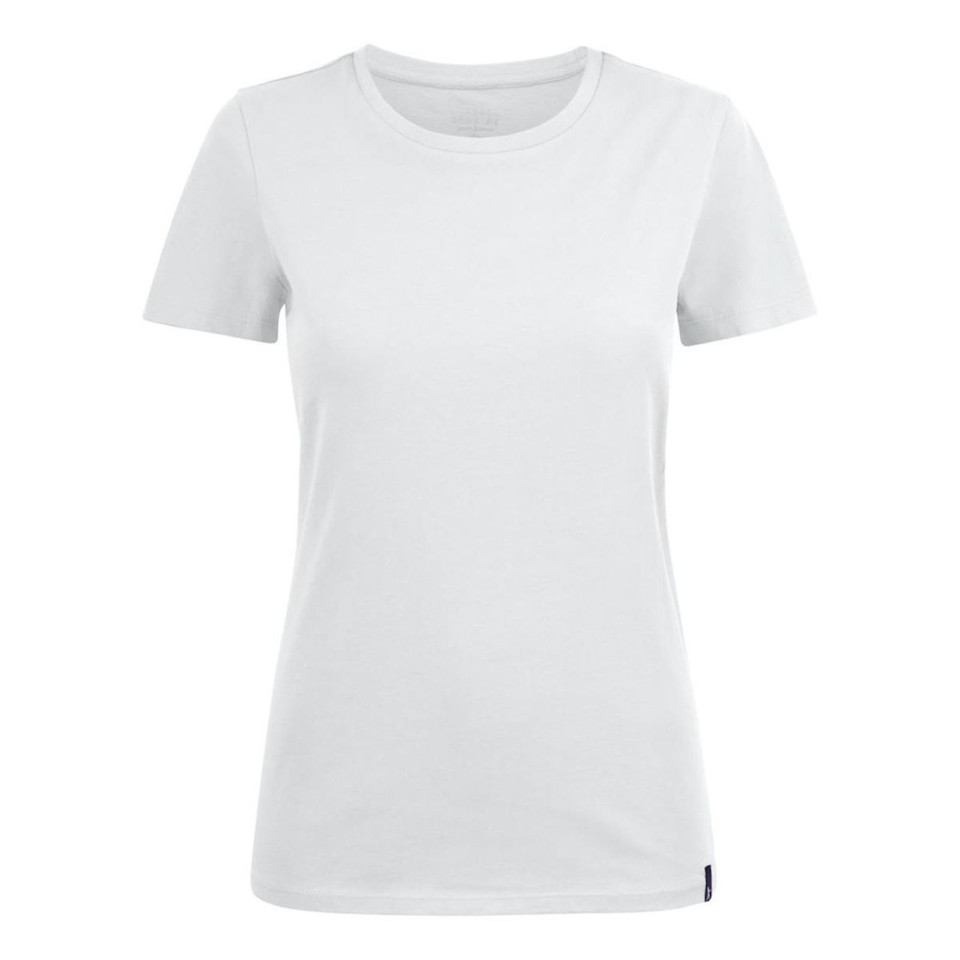 White women's crew neck t-shirt, short sleeves, fitted silhouette, smooth cotton fabric, flat front panel