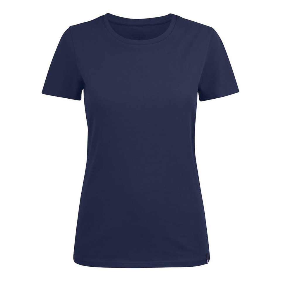 Navy blue women's short sleeve crew neck t-shirt, fitted cut, smooth cotton fabric, flat front panel