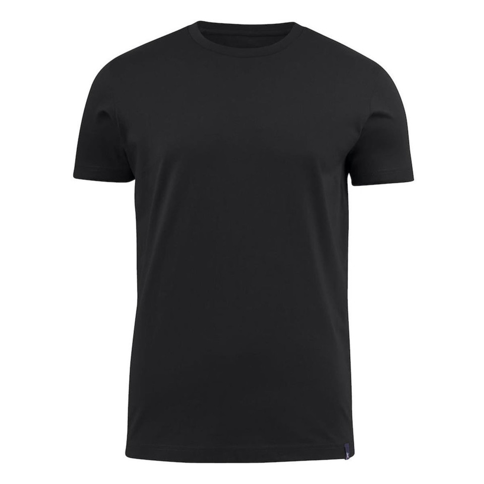 Black crew neck t-shirt with short sleeves and smooth flat front panel for decoration