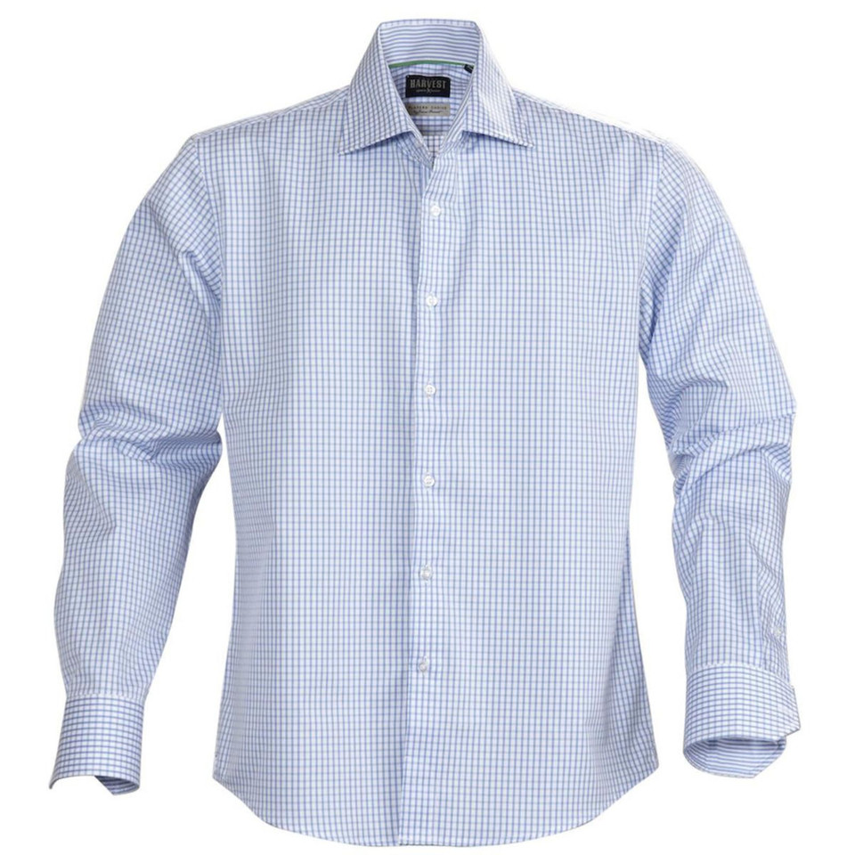 Light blue and white checked dress shirt with spread collar and button front placket