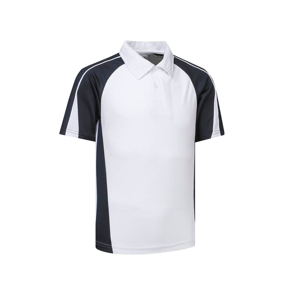 White polo shirt with charcoal contrast raglan sleeves and white piping detail on shoulders