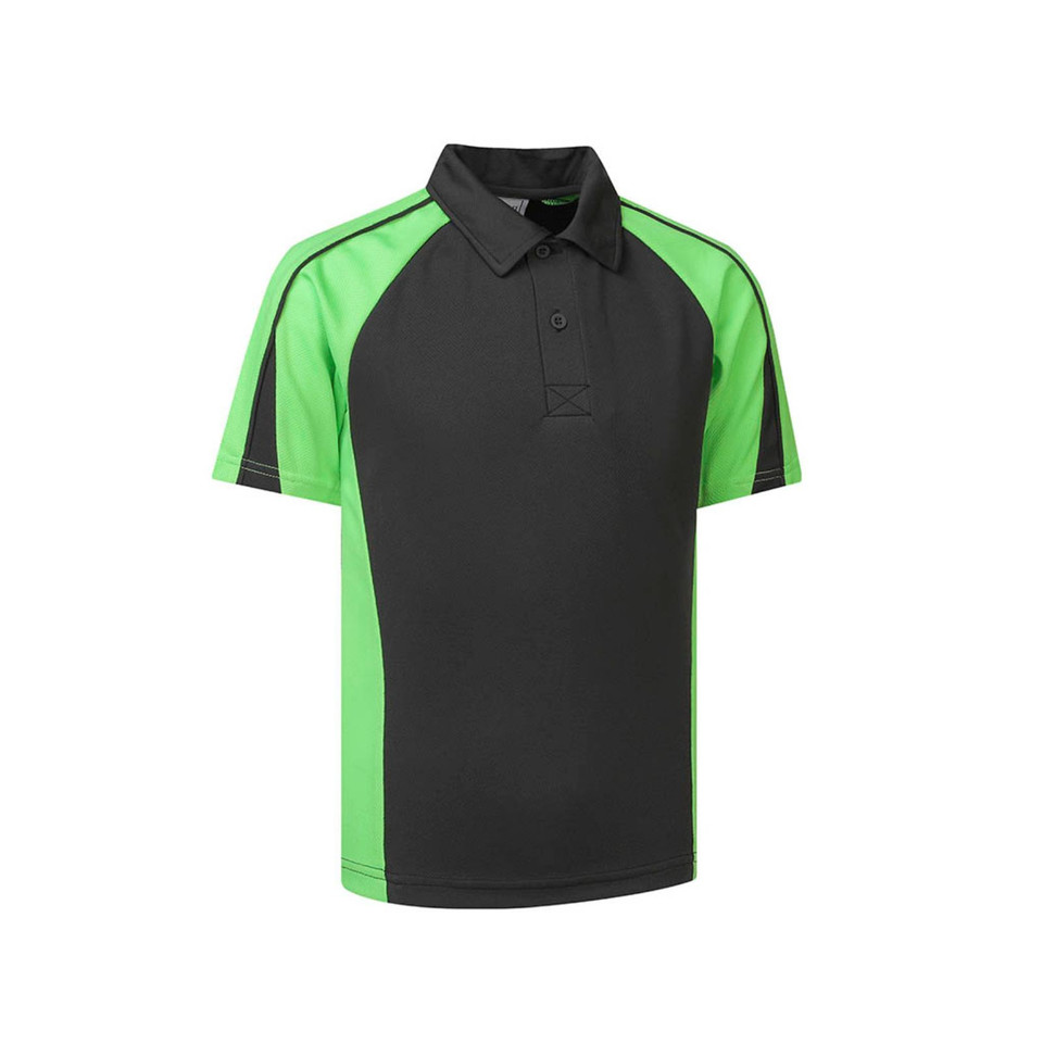 Charcoal and lime green contrast polo shirt with raglan panels, three-button placket, and ribbed collar
