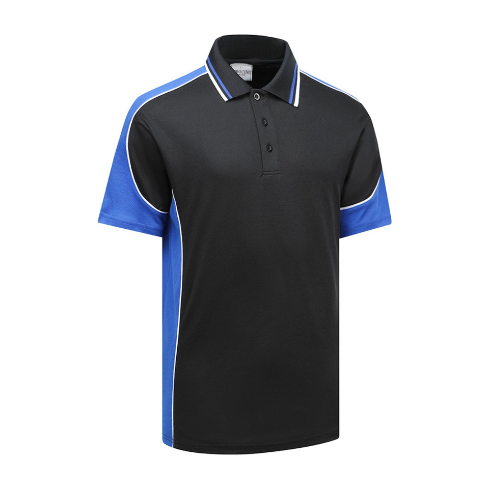 Black polo shirt with royal blue contrast sleeves, white piping detail and striped collar trim