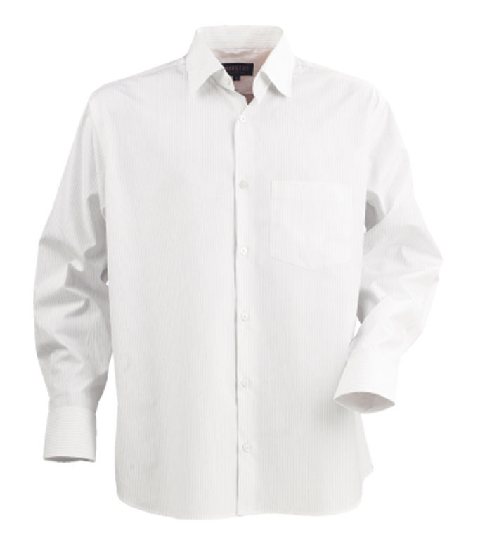 White long sleeve men's business shirt with point collar, chest pocket, and button front