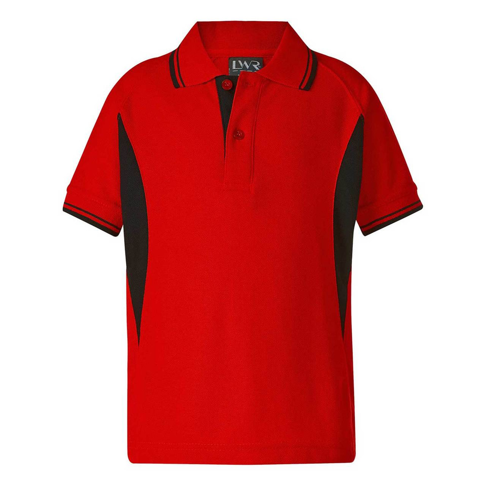Red and black contrast panel raglan polo shirt with tipped collar and three-button placket, flat lay