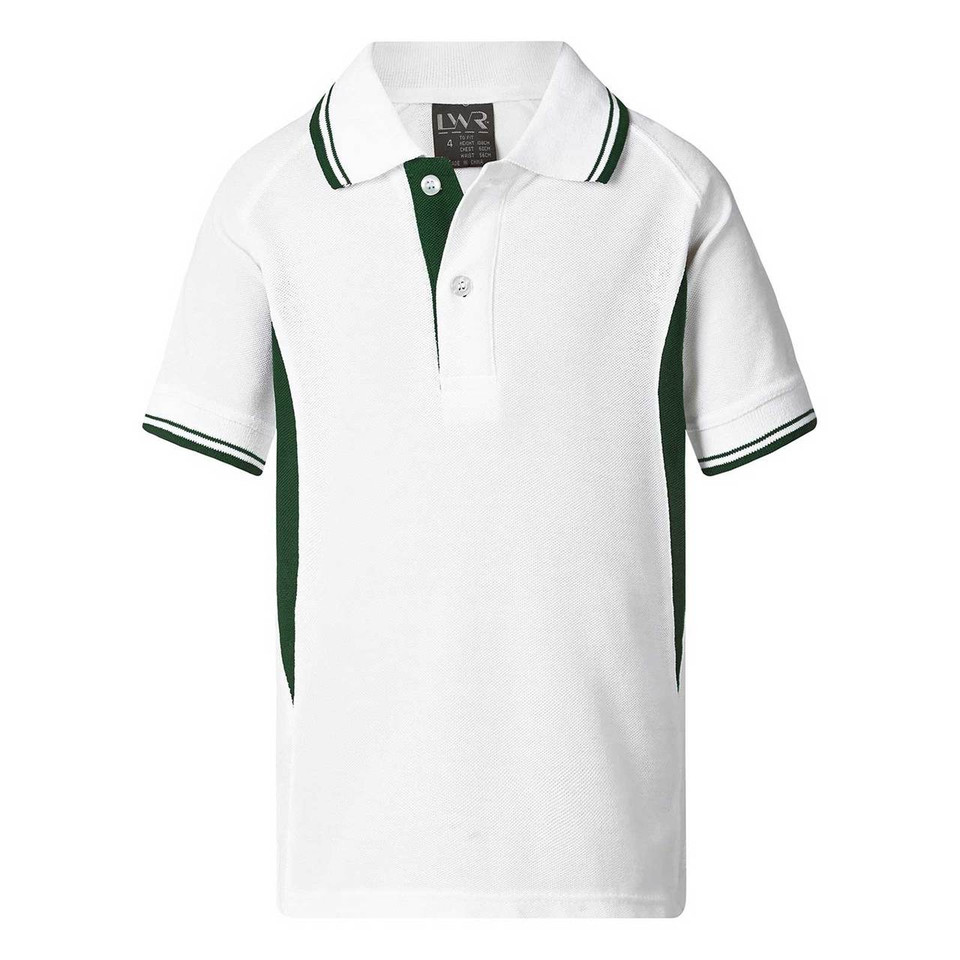 White pique polo with bottle green raglan sleeves and contrast tipping on collar and cuffs