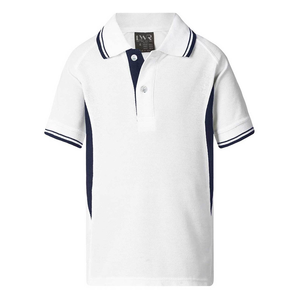 White pique polo with navy side panels, striped collar and sleeve trim, contrast placket