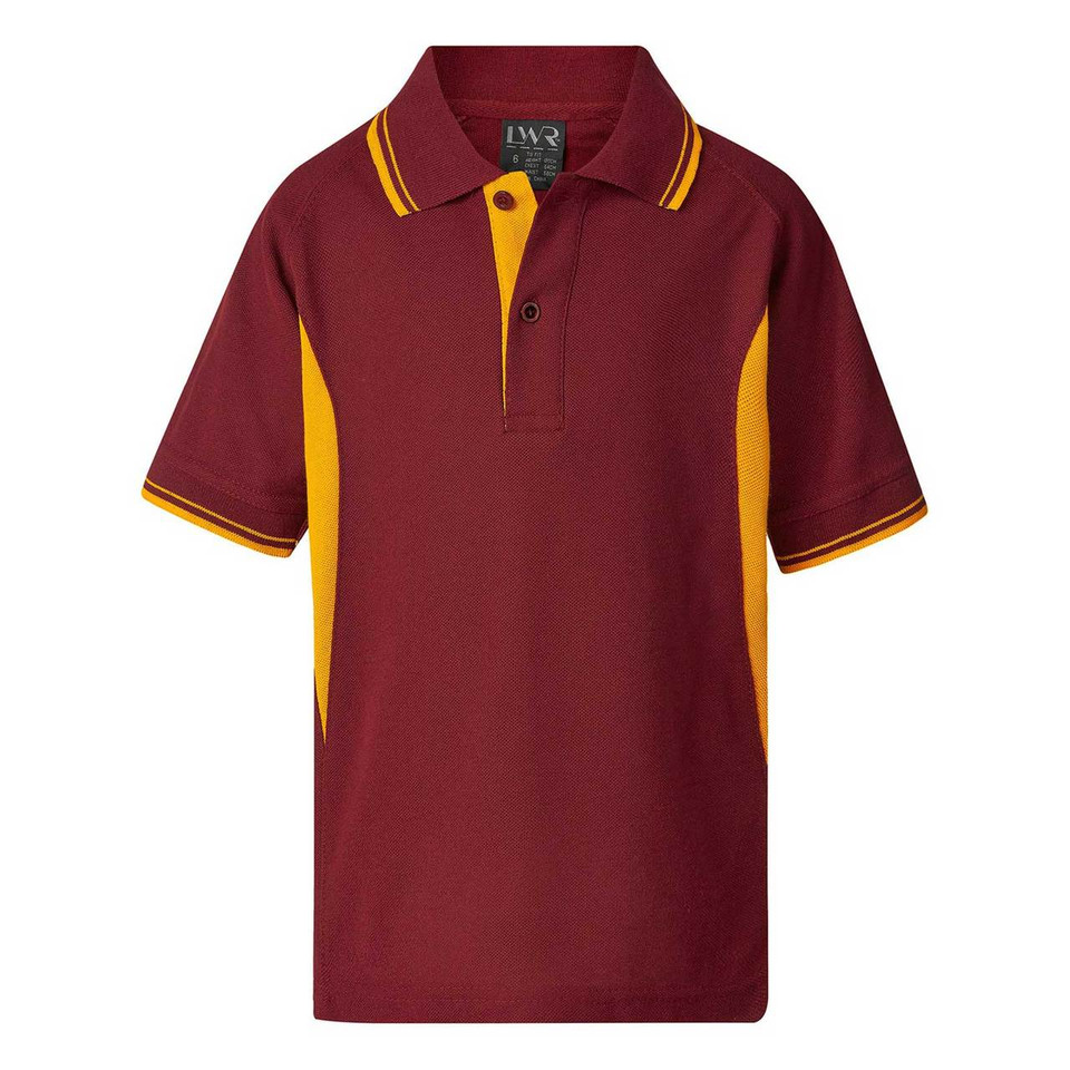 Maroon polo shirt with gold side panels, contrast collar striping and placket detail