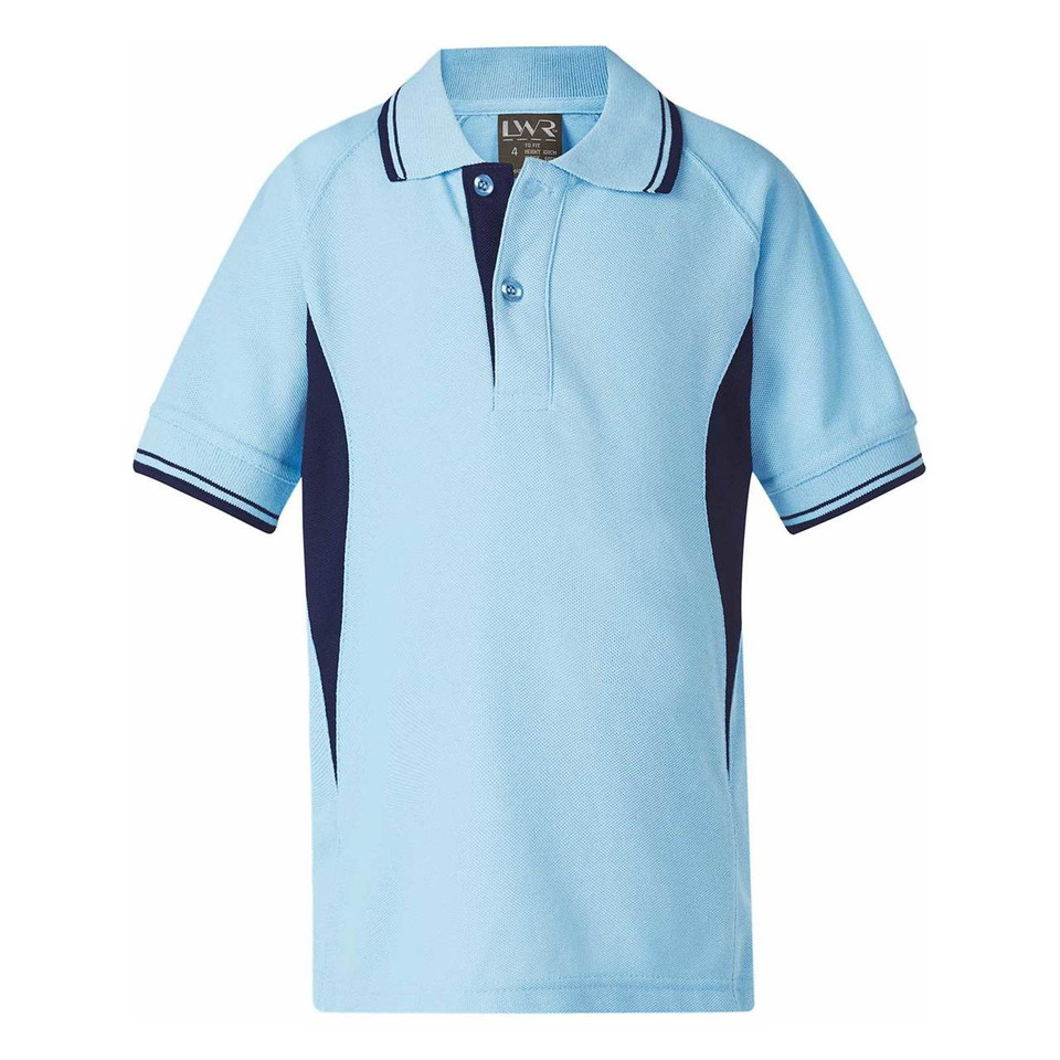 Sky blue polo shirt with navy raglan contrast panels and striped collar with tipping detail