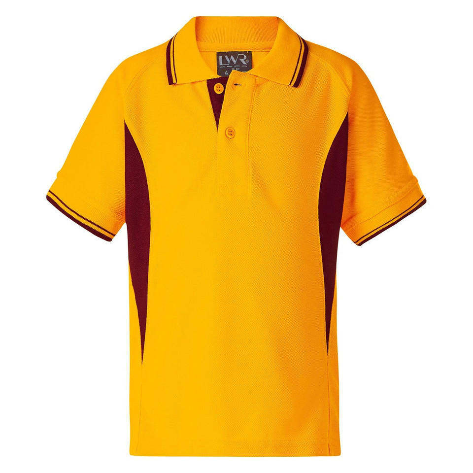 Gold polo shirt with maroon side panels and contrast tipping on collar and sleeves