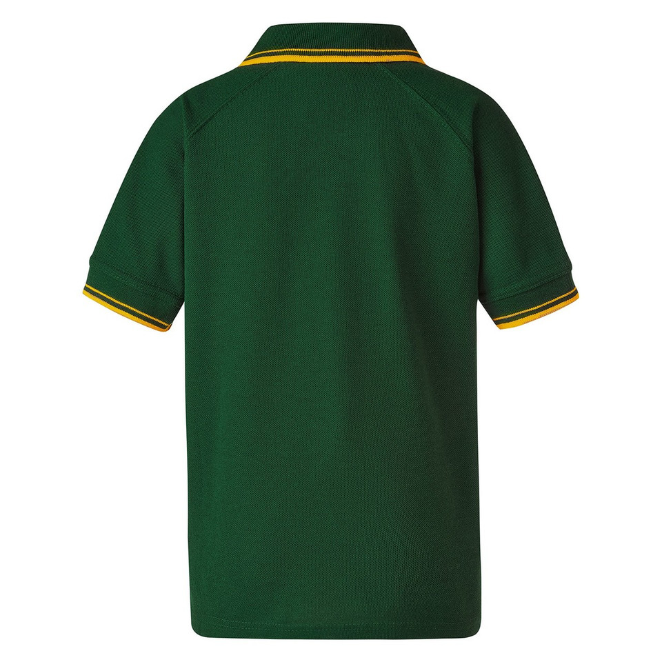 Bottle green raglan polo with gold contrast tipping on collar and sleeves, back view showing textured pique knit