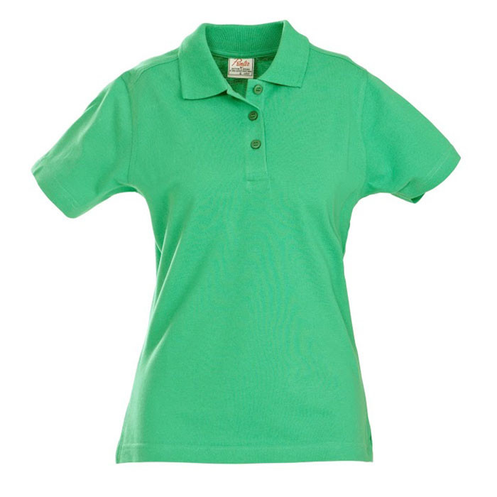 Kelly green women's cotton pique polo shirt with three-button placket and classic collar