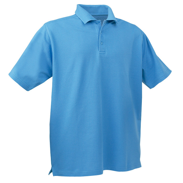 Sky blue cotton pique polo shirt with collar and three-button placket featuring ribbed texture