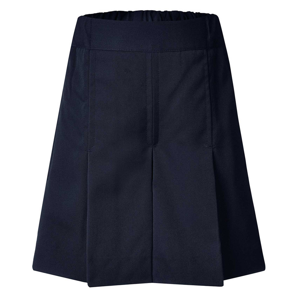 Navy box-pleat school shorts with elasticated waistband and front pockets