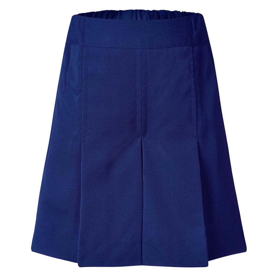 Navy blue box-pleat school shorts with elasticated waistband and side pockets