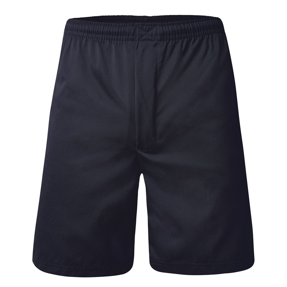 Navy boys' school shorts with elasticated waistband and smooth athletic cut