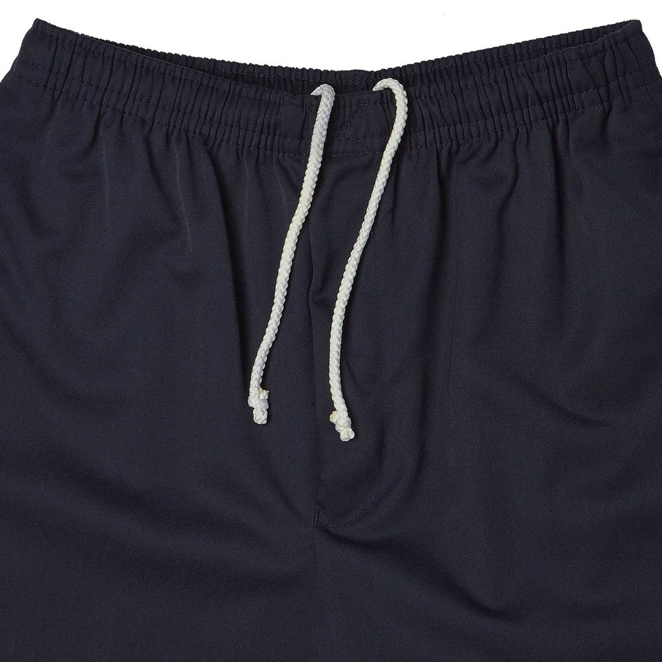 Navy school shorts with elasticated waistband and white drawstring cord
