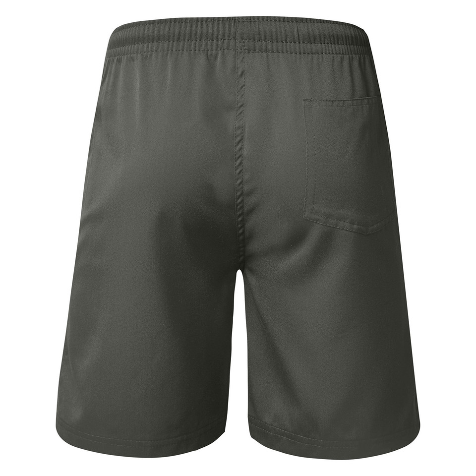 Charcoal grey school shorts with elasticated waistband and back pocket, rear view