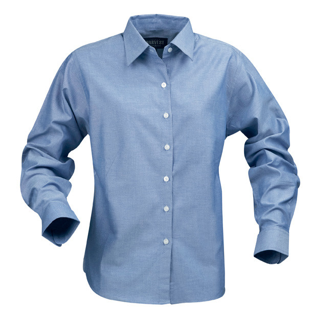 Women's long sleeve chambray blue business shirt with point collar and white button placket