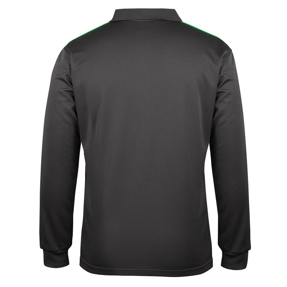 Charcoal long sleeve polo with green contrast piping along shoulders and textured panel detail