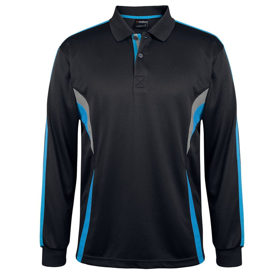 Charcoal long sleeve polo with cyan blue and grey contrast panels on sides and shoulders