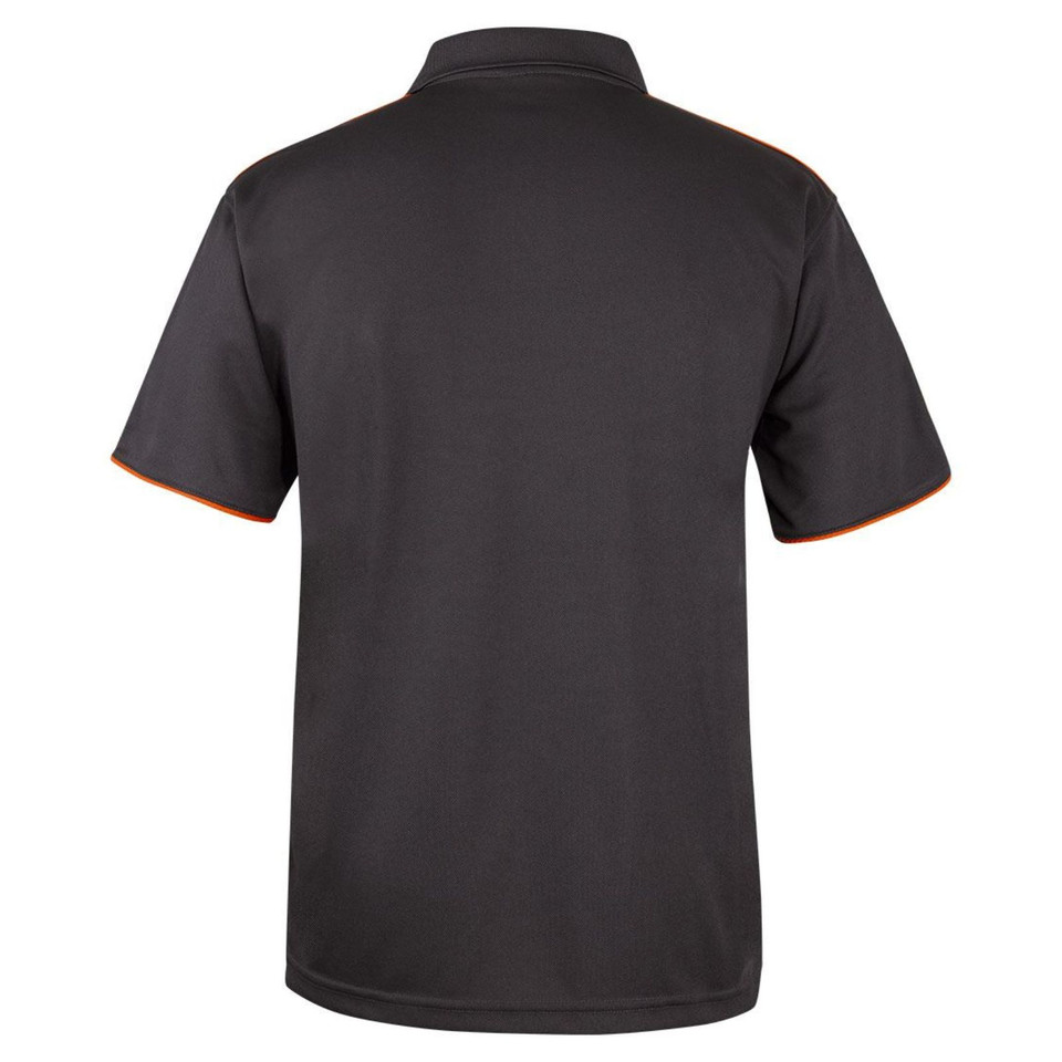 Charcoal grey polo shirt back view with orange contrast trim on collar and sleeve hems