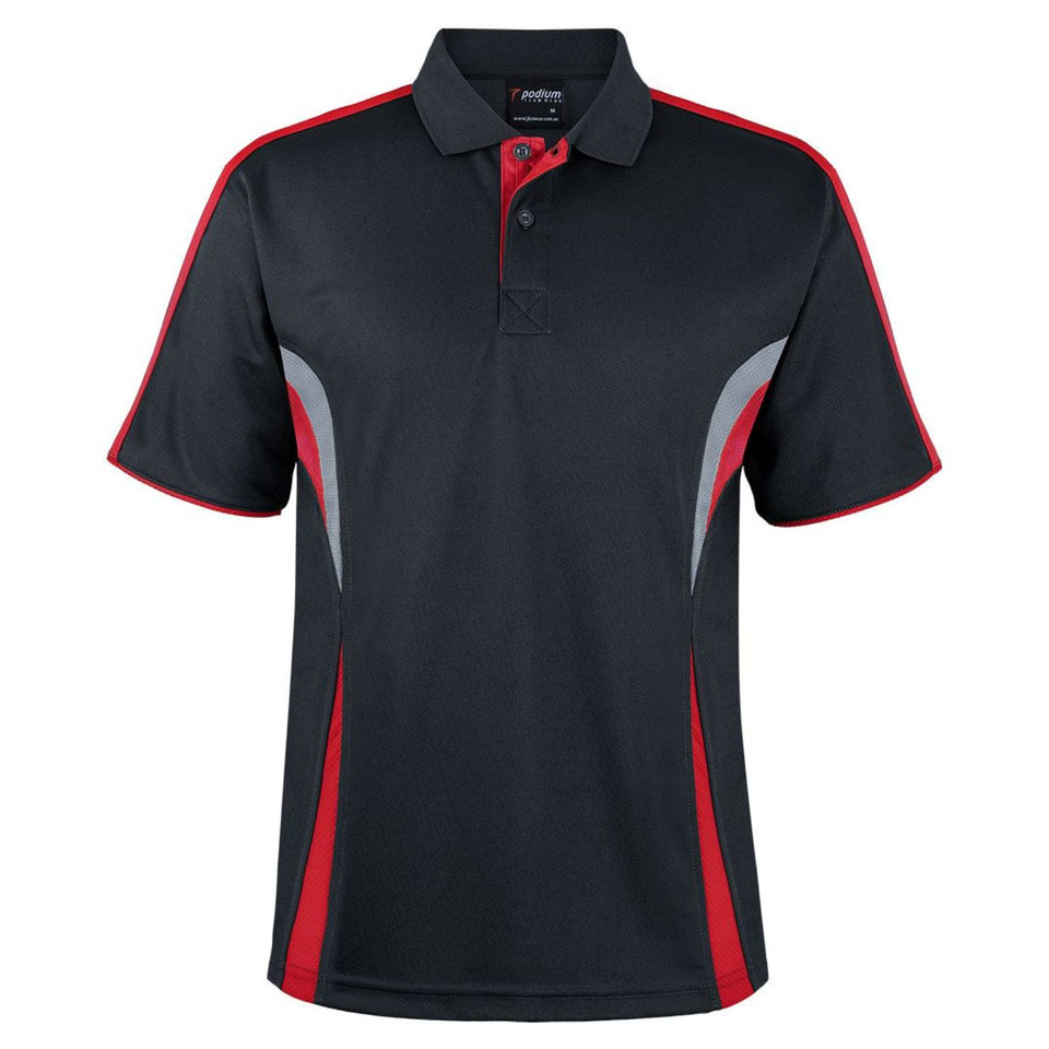 Charcoal polo shirt with red and grey contrast panels on shoulders and sides