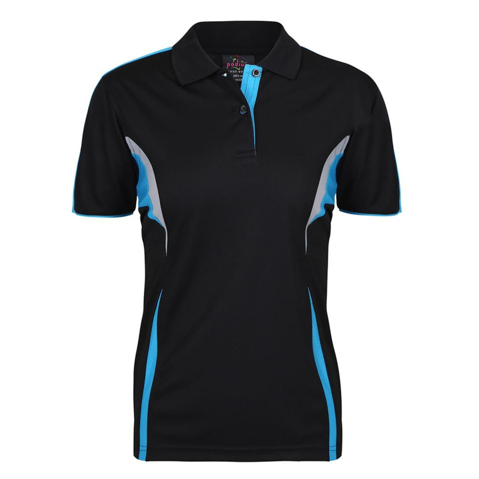 Black ladies polo shirt with sky blue and white contrast panels along sides and placket