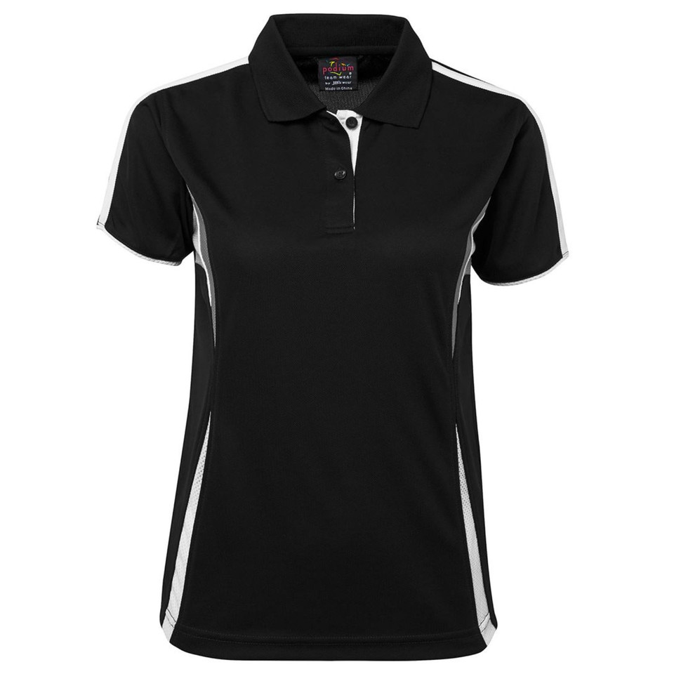 Black ladies polo shirt with white side panels and contrast piping detail