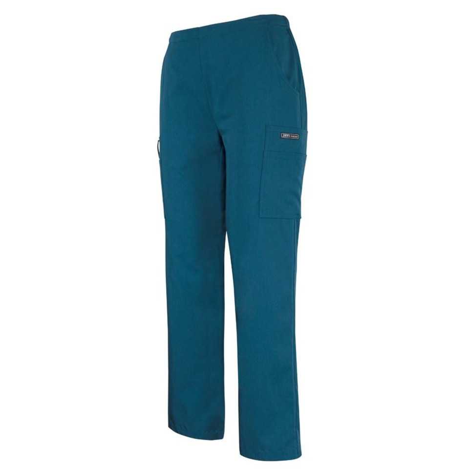 Teal cargo scrub pants with side pockets and contrast orange trim detail