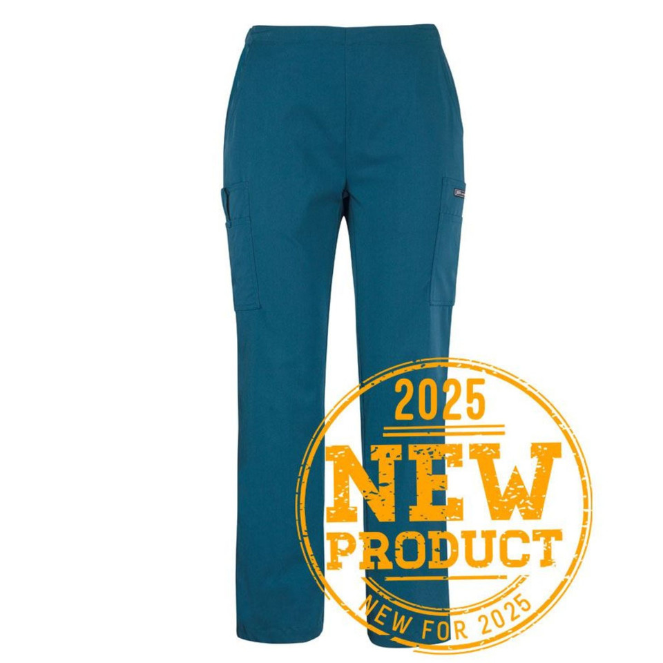 Teal cargo scrub pants with elasticated waistband and side cargo pockets