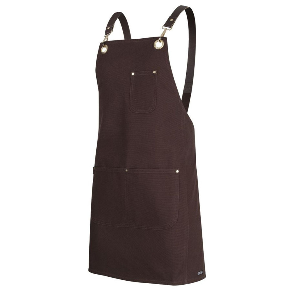 Dark brown canvas crossback apron with brass eyelets, PU straps, chest pocket and twin lower pockets