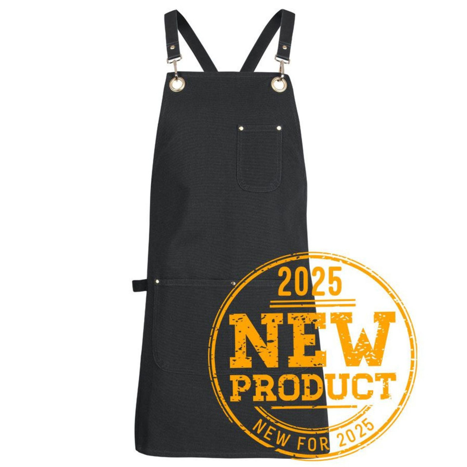 Charcoal black canvas crossback apron with brass eyelets, PU straps, chest pocket and dual waist pockets