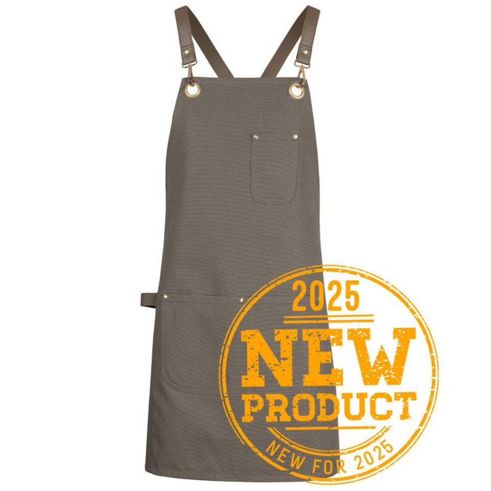 Khaki canvas cross-back apron with brown PU leather straps, brass eyelets, chest pocket and side pocket