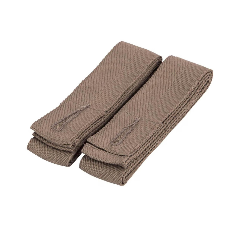 Taupe coloured adjustable apron straps with textured weave and metal hardware detailing