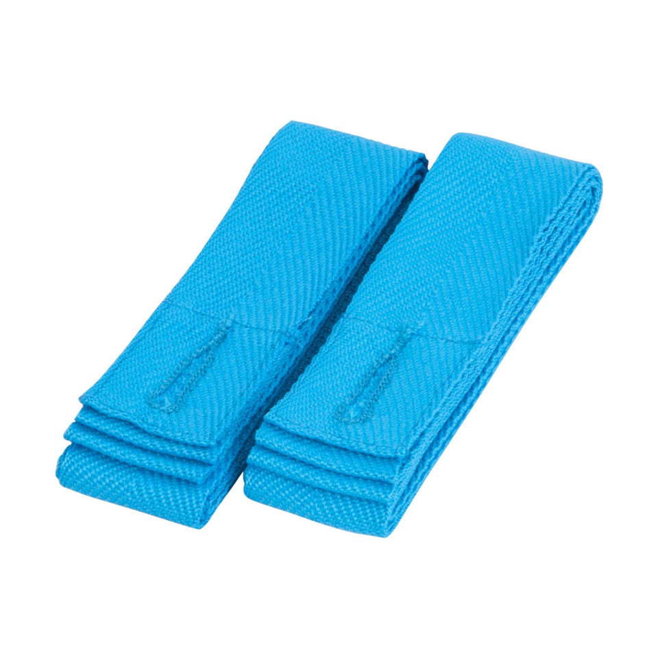 Pair of sky blue textured fabric apron straps with herringbone weave and tab detail, flat lay