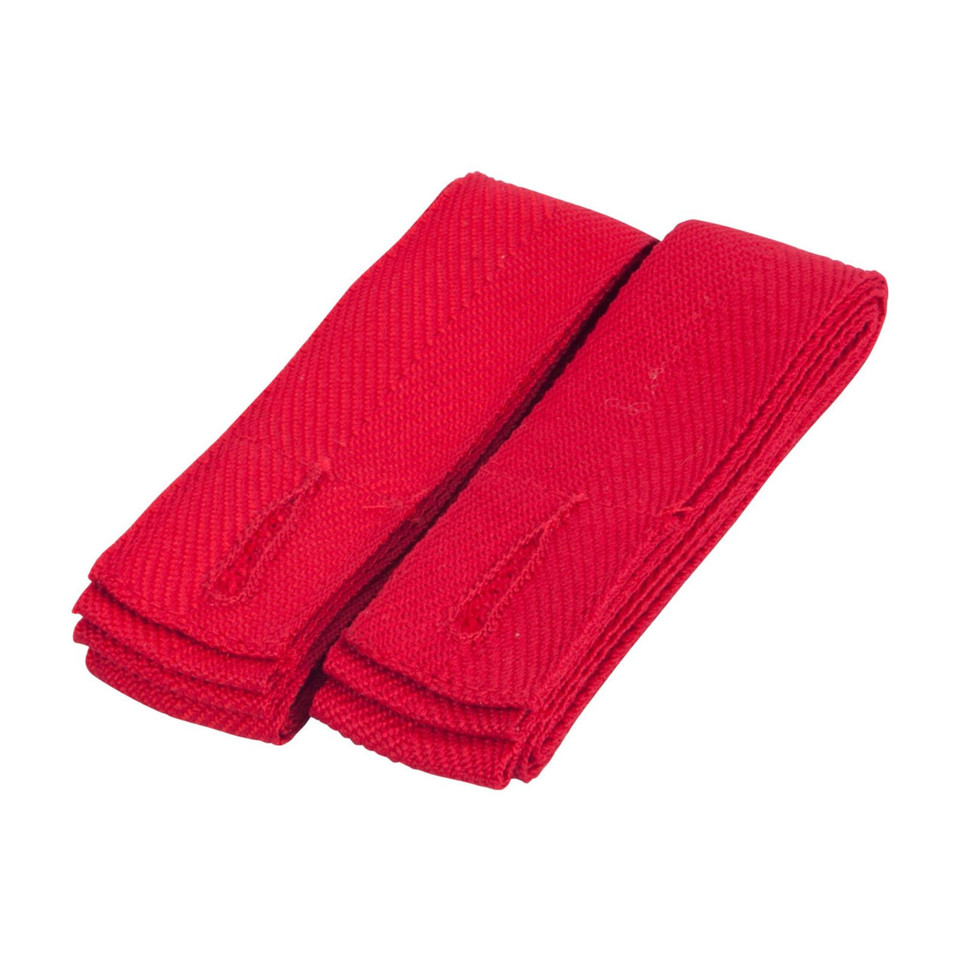 Pair of folded crimson red replacement apron straps with textured woven fabric and sewn buttonholes