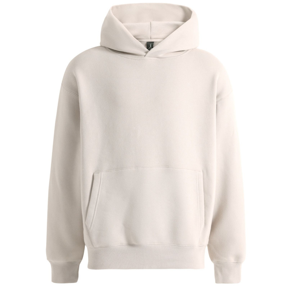 Oatmeal oversized pullover hoodie with kangaroo pocket, ribbed cuffs and hem, flat lay packshot