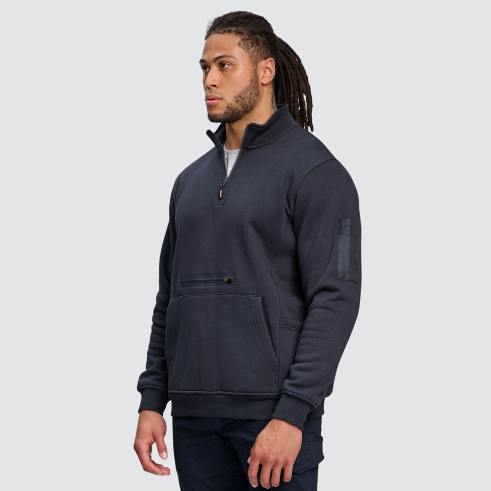 Charcoal grey half-zip fleece sweater with kangaroo pocket and utility sleeve panel detail