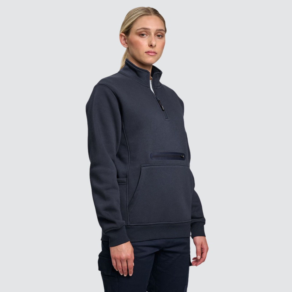 Charcoal grey half-zip fleece with stand collar and horizontal chest pocket with zip closure