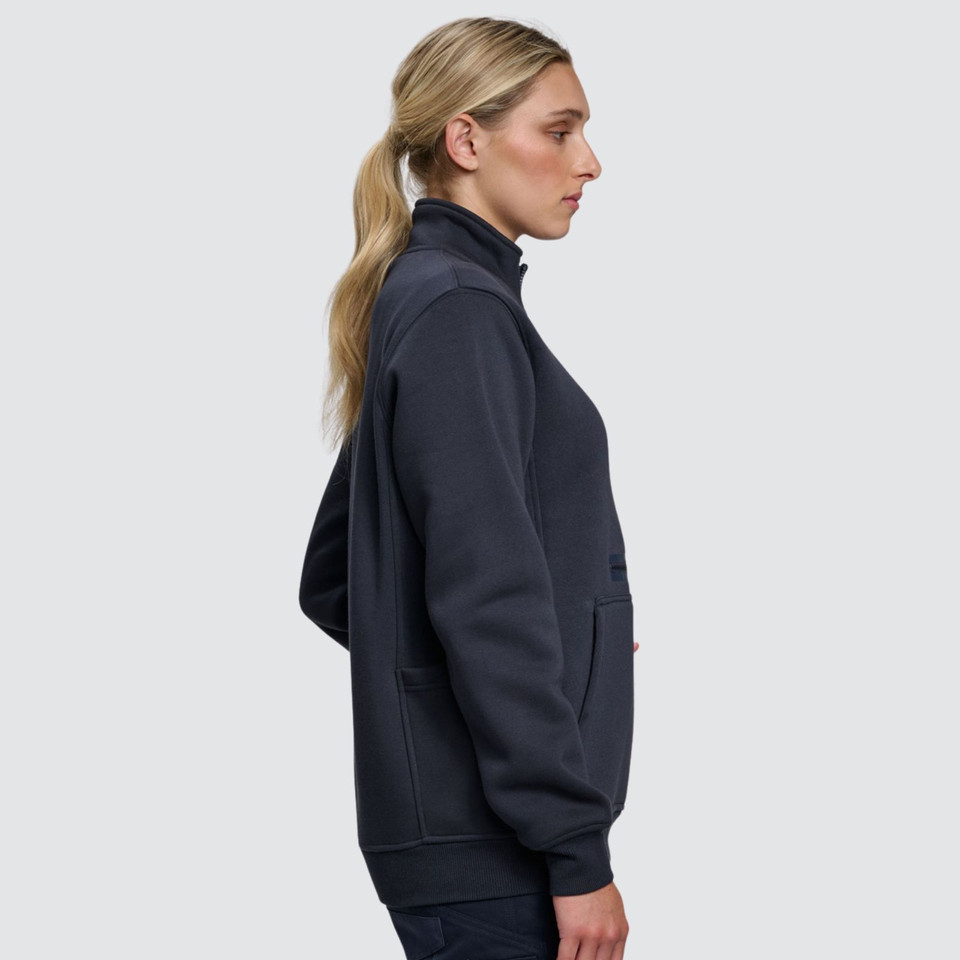 Side view of charcoal half-zip fleece sweater showing ribbed collar, cuffs and hem detail