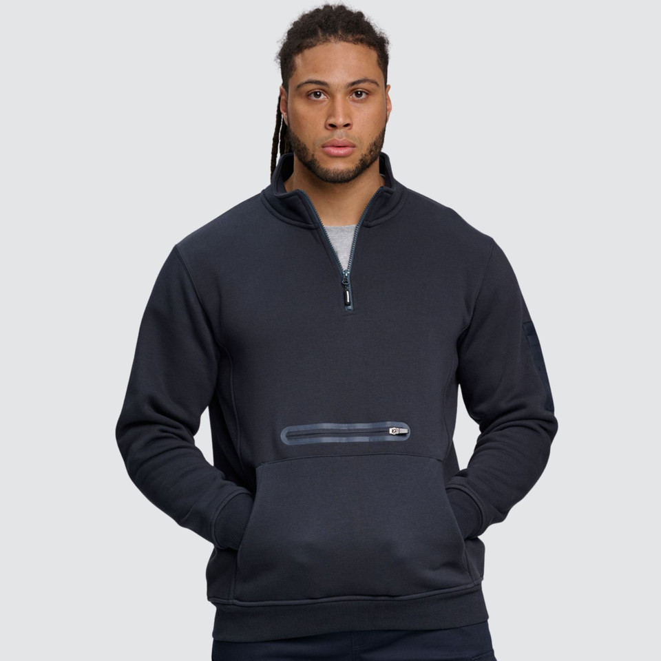 Charcoal grey half-zip fleece sweater with front kangaroo pocket featuring horizontal zip detail