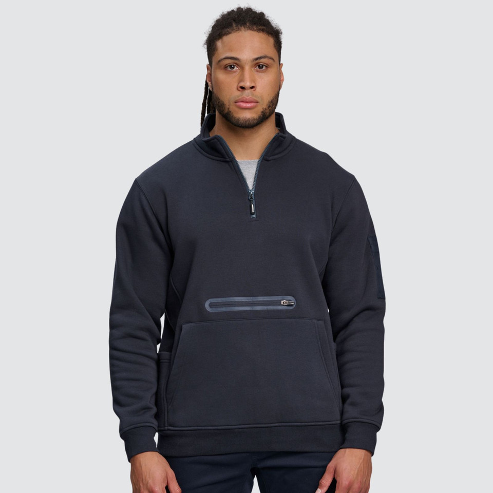 Charcoal grey half-zip fleece sweater with stand collar and zippered front pocket on sleeve detail