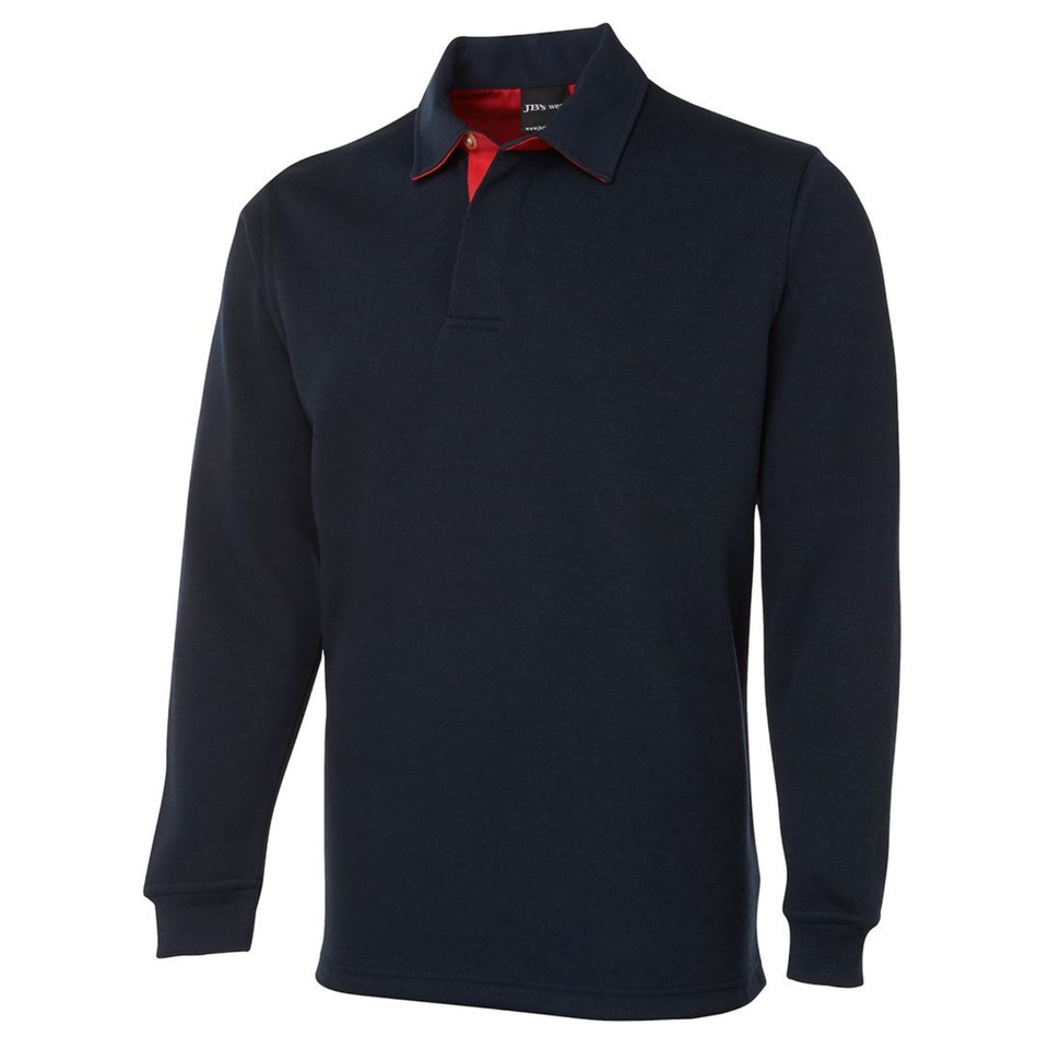 Navy long sleeve rugby polo shirt with red contrast collar lining and three-button placket, chest pocket