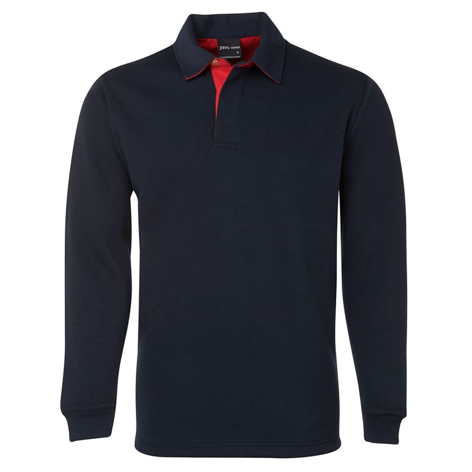 Navy long sleeve rugby shirt with red contrast placket and collar trim