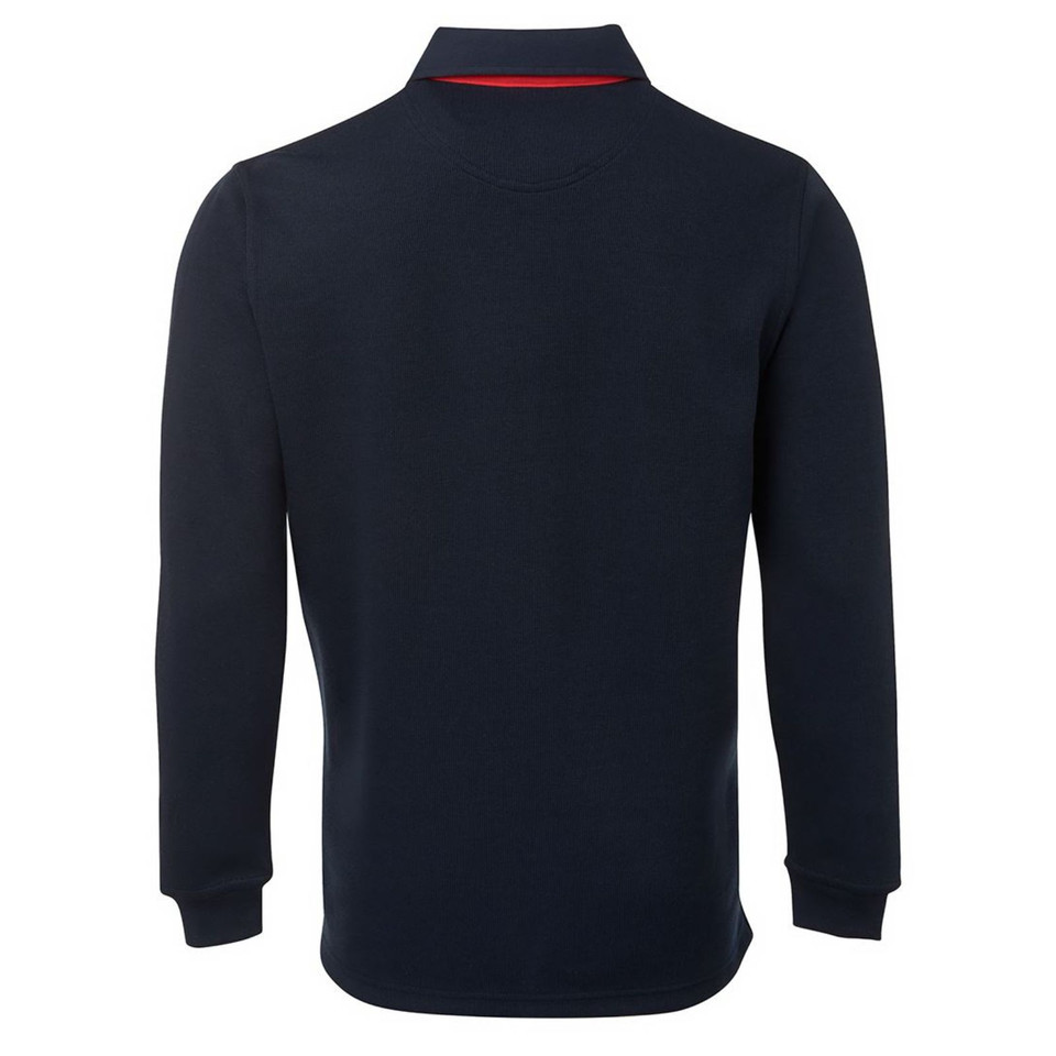 Navy long sleeve rugby shirt rear view with red contrast collar detail and ribbed cuffs