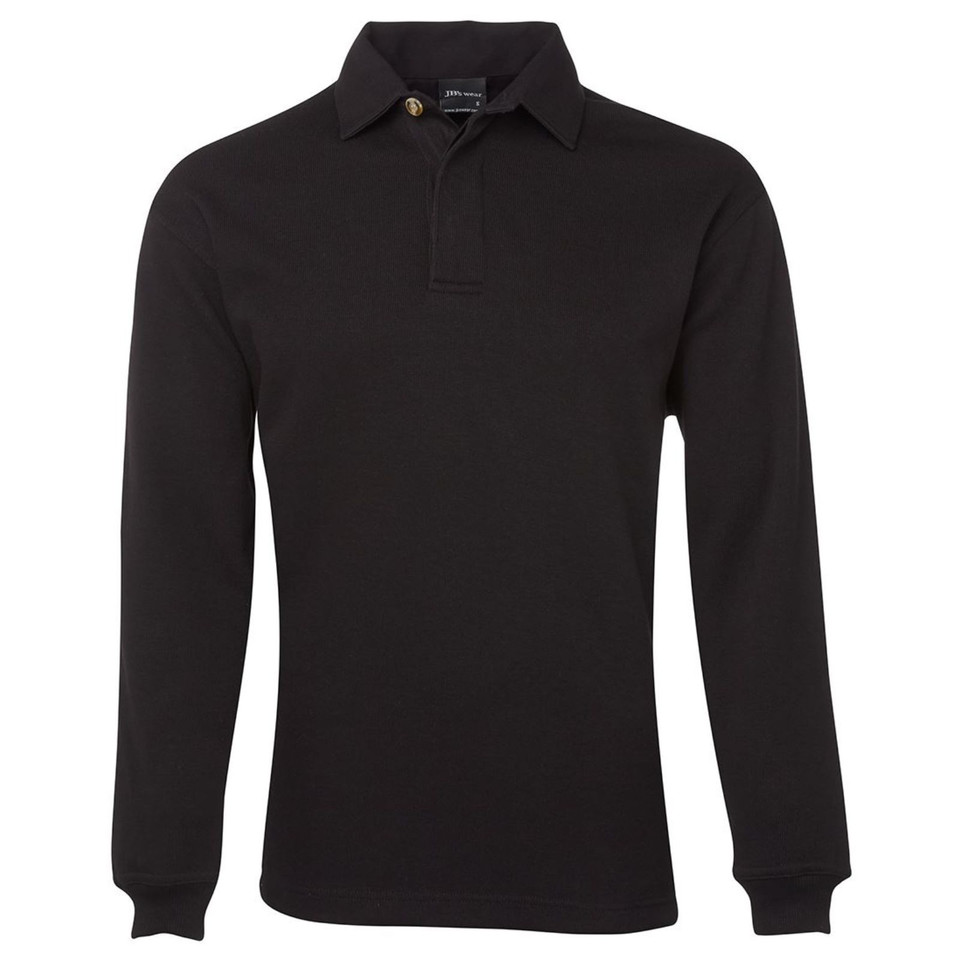 Black long sleeve rugby shirt with collar and button placket