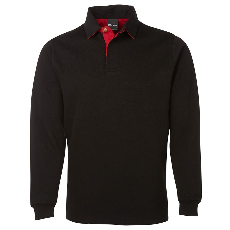 Black long sleeve rugby polo shirt with red contrast collar and two-button placket, flat lay packshot